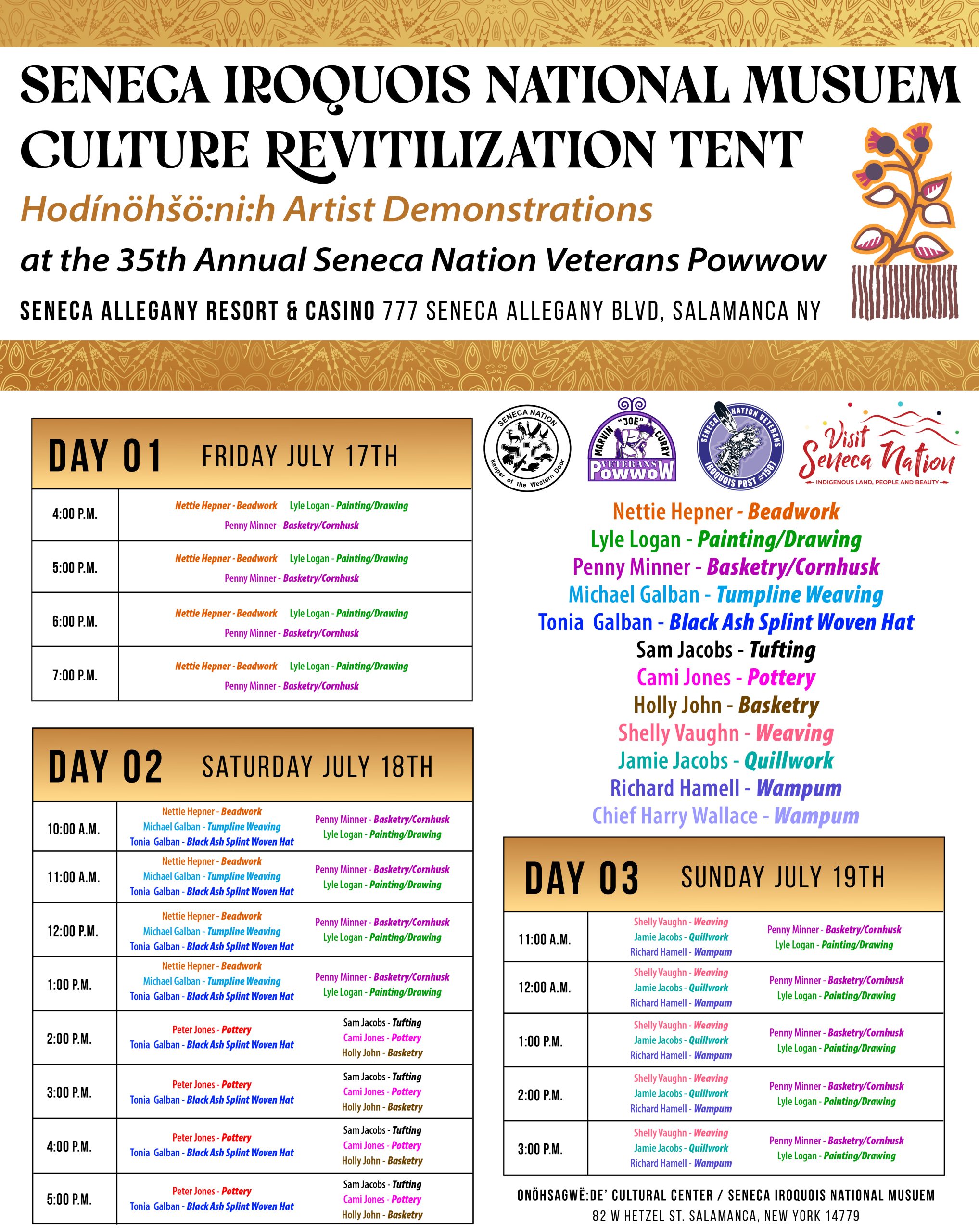 Culture Revitalization Tent at the Seneca Nation Powwow July 17-19, 2026 at the Seneca Allegany Resort & Casino in Salamanca, NY