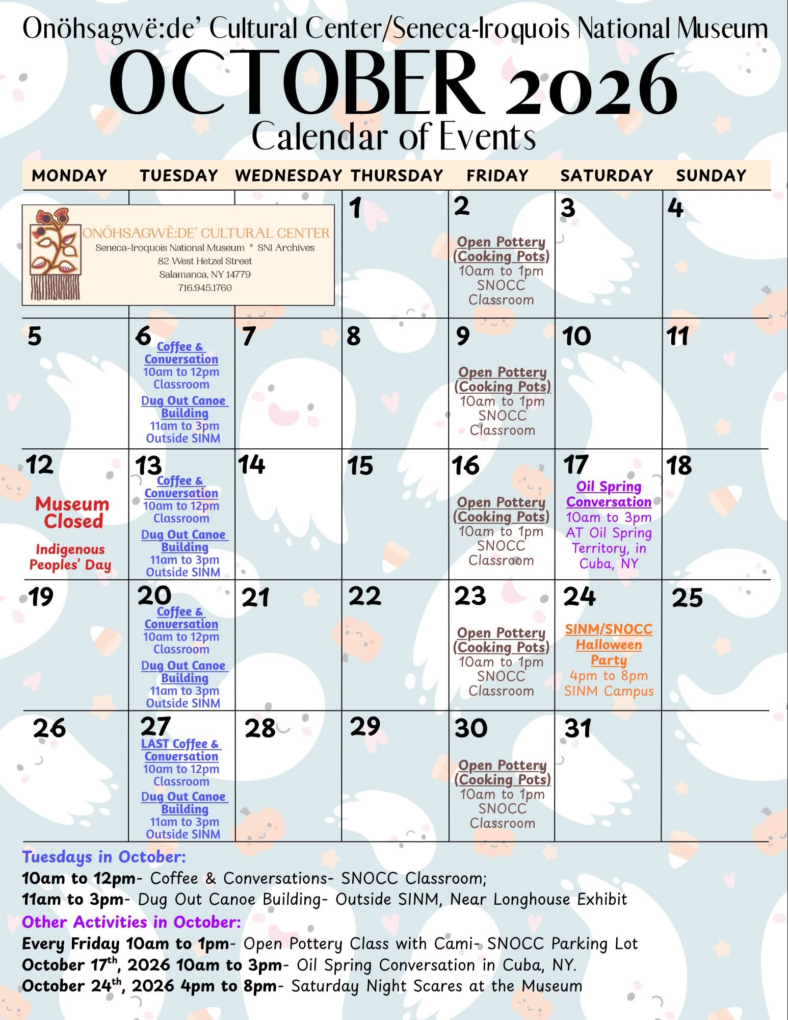 October 2026 Schedule of events at the Seneca-Iroquois National Museum