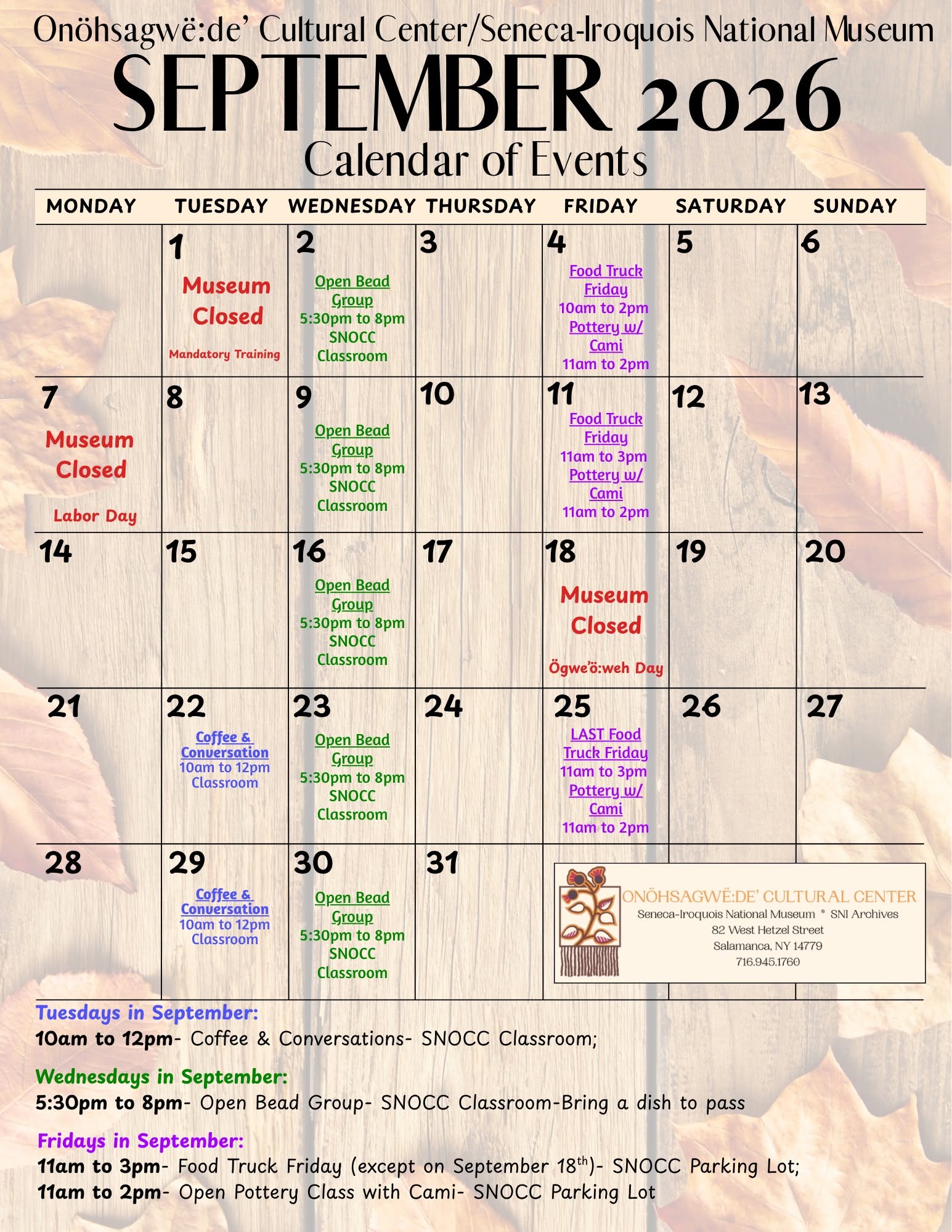 September Schedule at the Seneca-Iroquois Museum in Salamanca, NY
