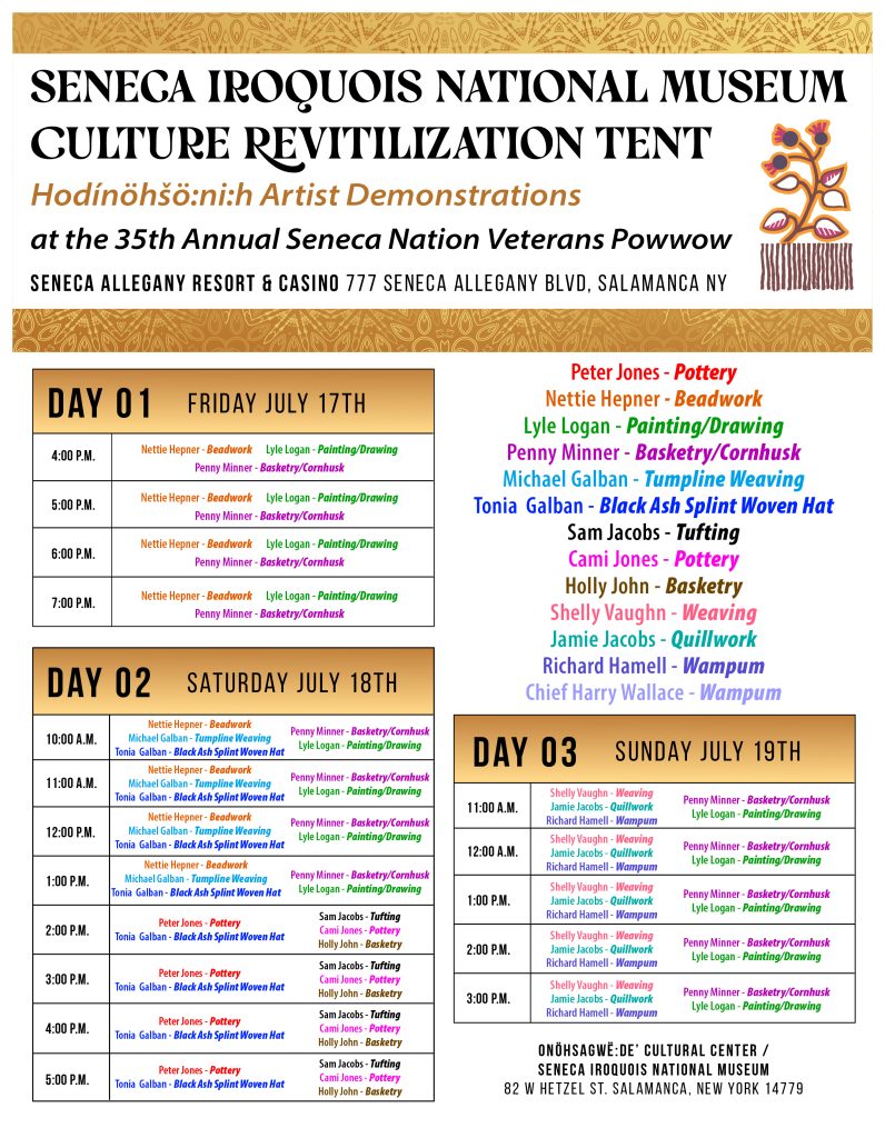 Culture Revitalization Tent at the Seneca Nation Powwow July 17-19, 2026 at the Seneca Allegany Resort & Casino in Salamanca, NY
